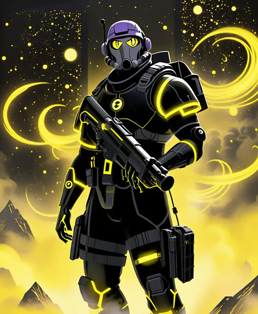 Armored engineer with shotgun in surreal yellow space