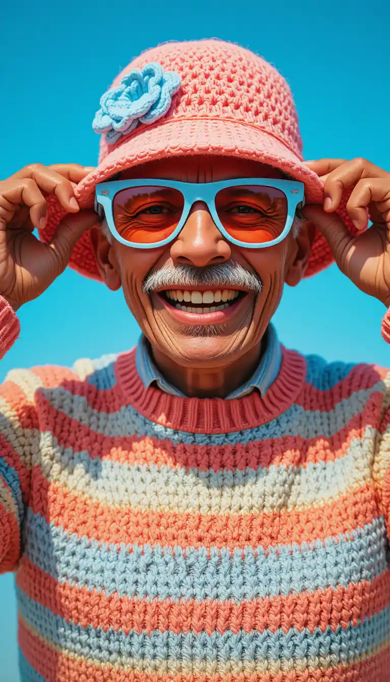 Smiling elderly man in crocheted hat and striped sweater