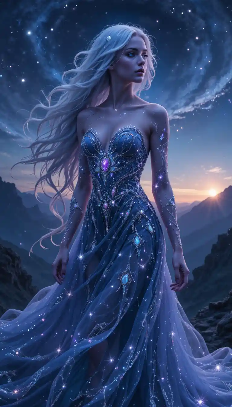 Mystische Frau mit violetten Augen in einer kosmischen Dämmerungsszene
