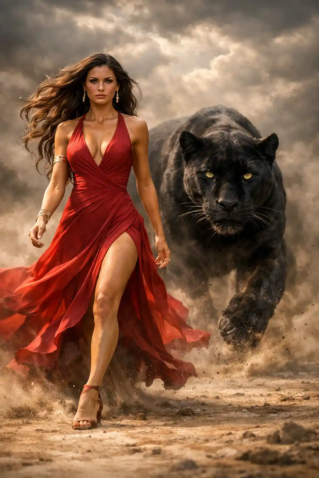 Confident woman in crimson gown with black panther