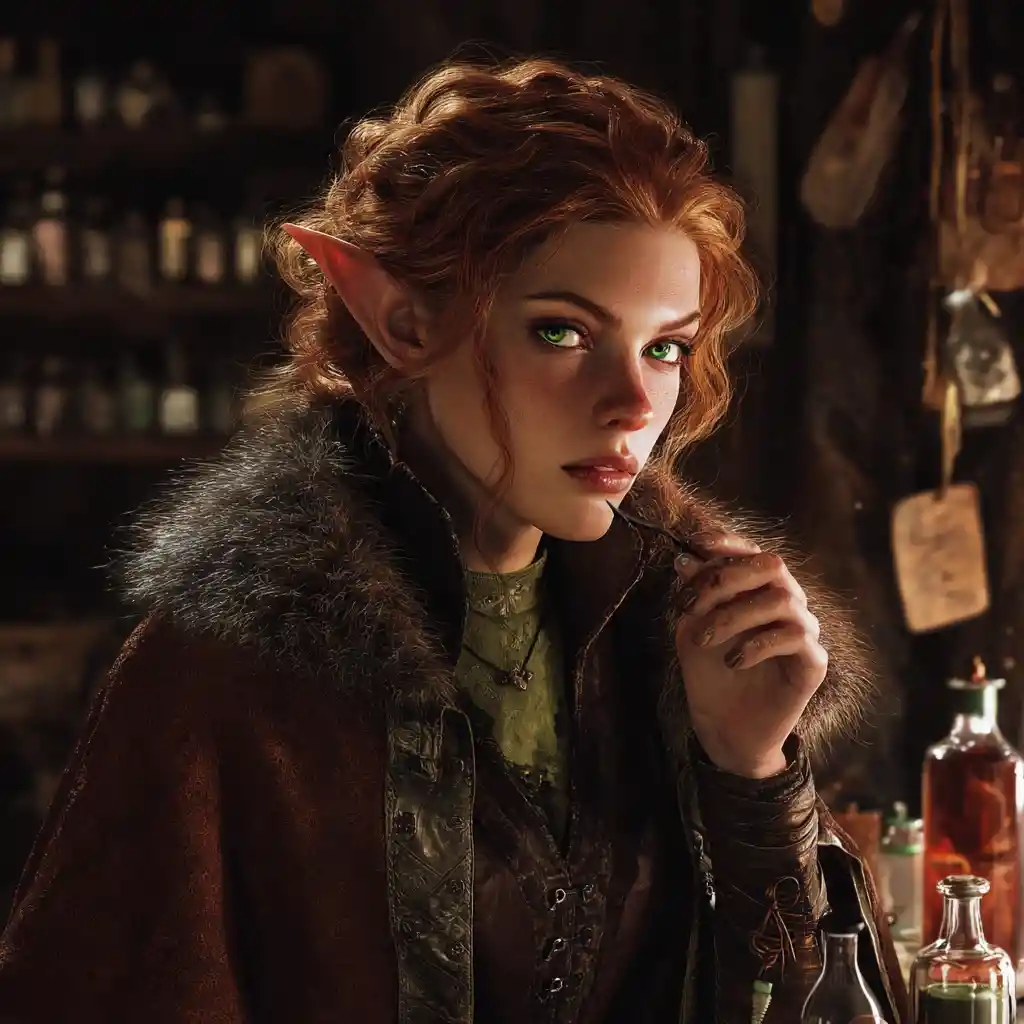 Elf alchemist woman with green eyes and leather coat