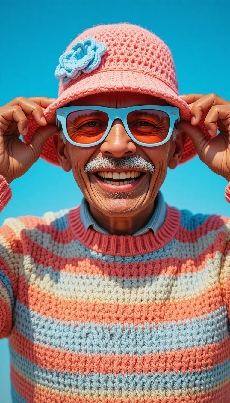Smiling elderly man in crocheted hat and striped sweater
