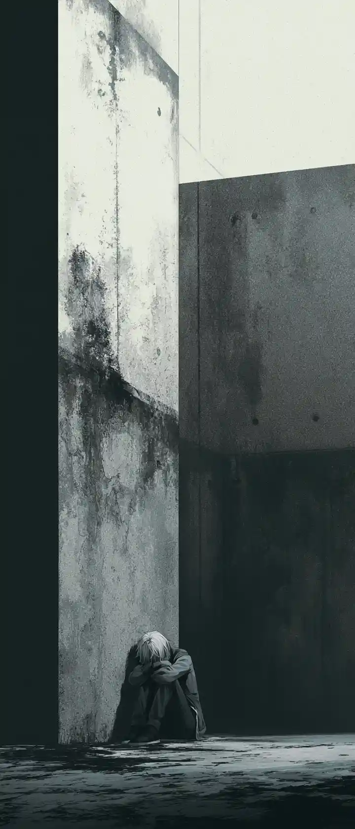Figura solitaria nella disperazione sotto una colossale parete brutalista