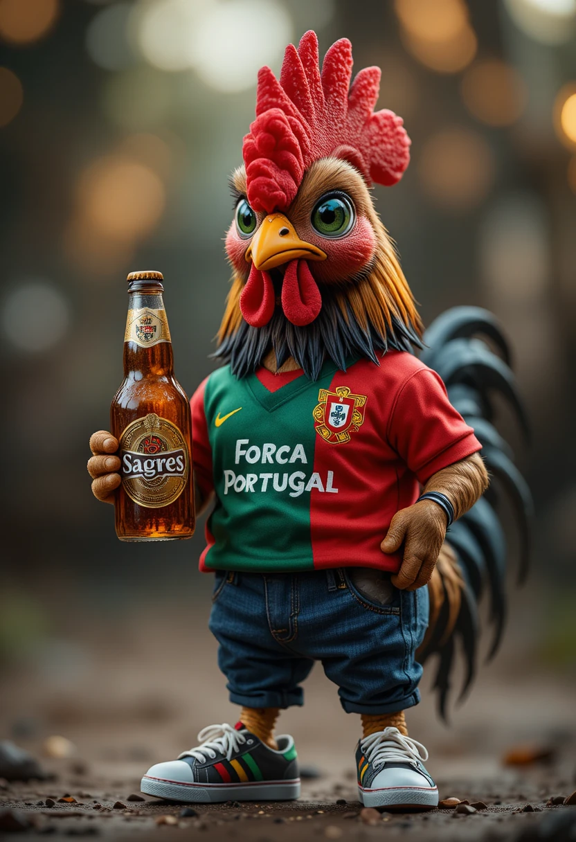 Barcelos rooster in Portugal football shirt holding beer