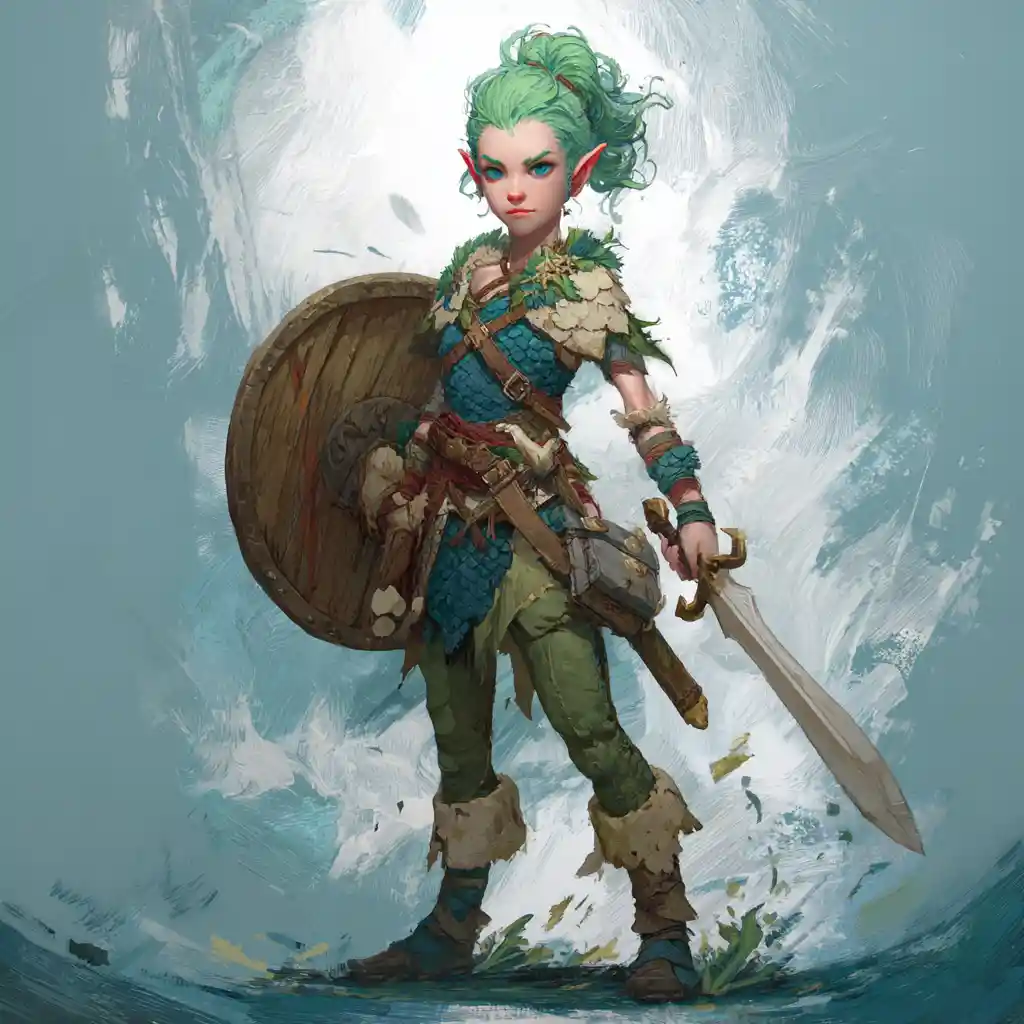 Elf warrior woman with green hair and sea gear