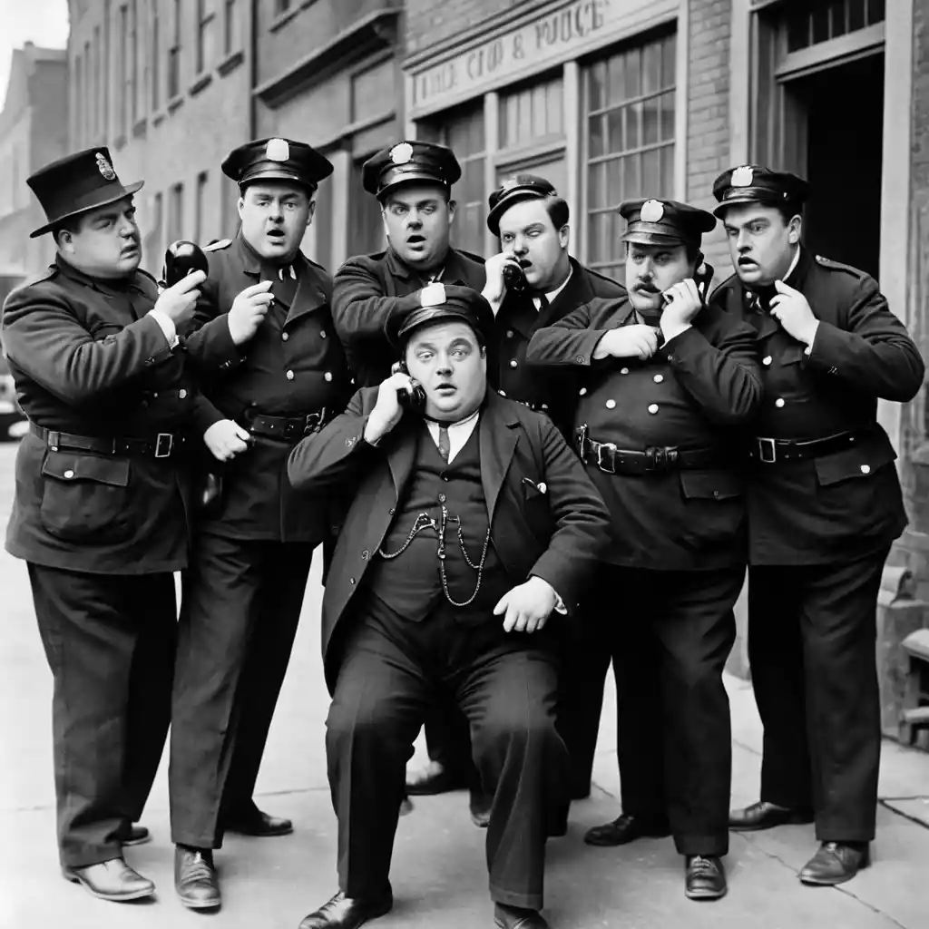 Keystone cops chase a thief in chaotic slapstick street scene