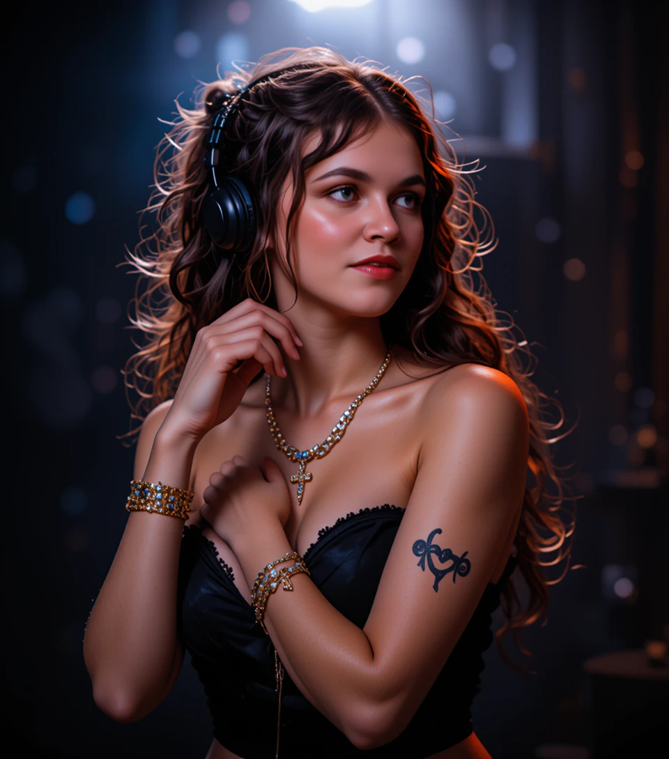 Young female dj portrait with headphones and cross pendant