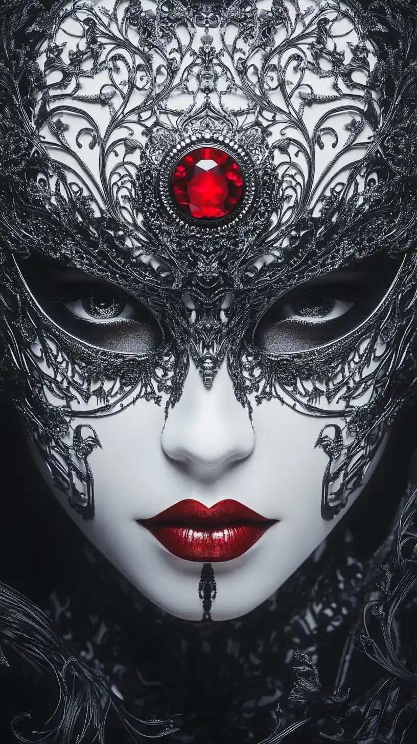 Surreal woman with biomechanical gothic mask and red gem