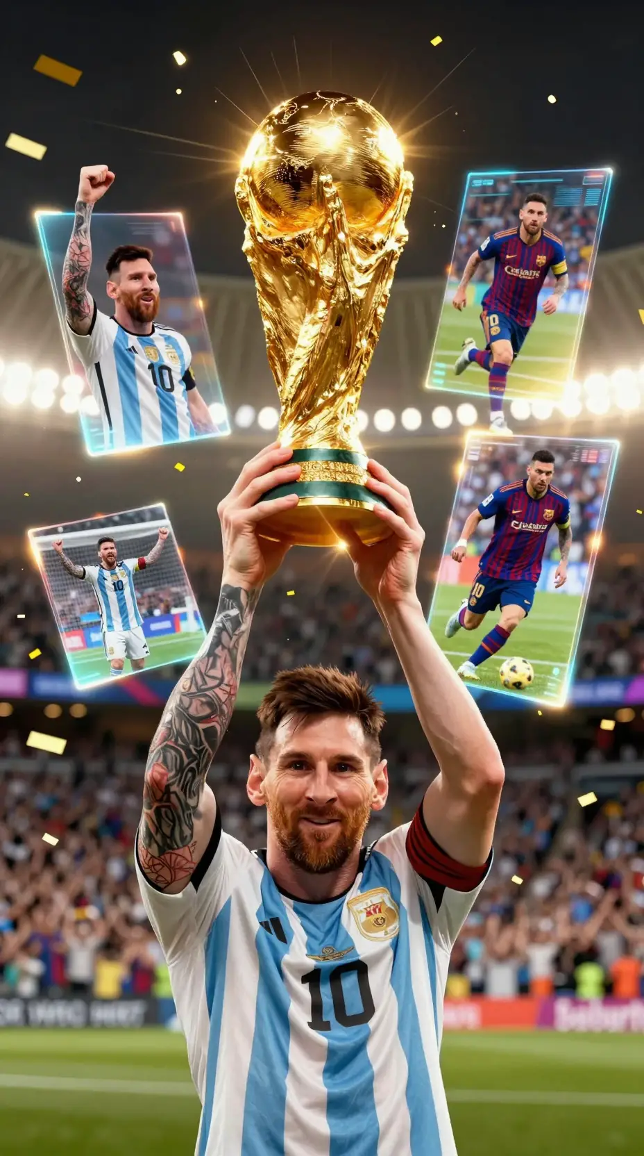 Soccer champion lifting golden world cup trophy under lights