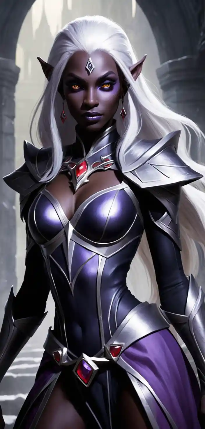 Golden haired dark elf woman in an underworld city