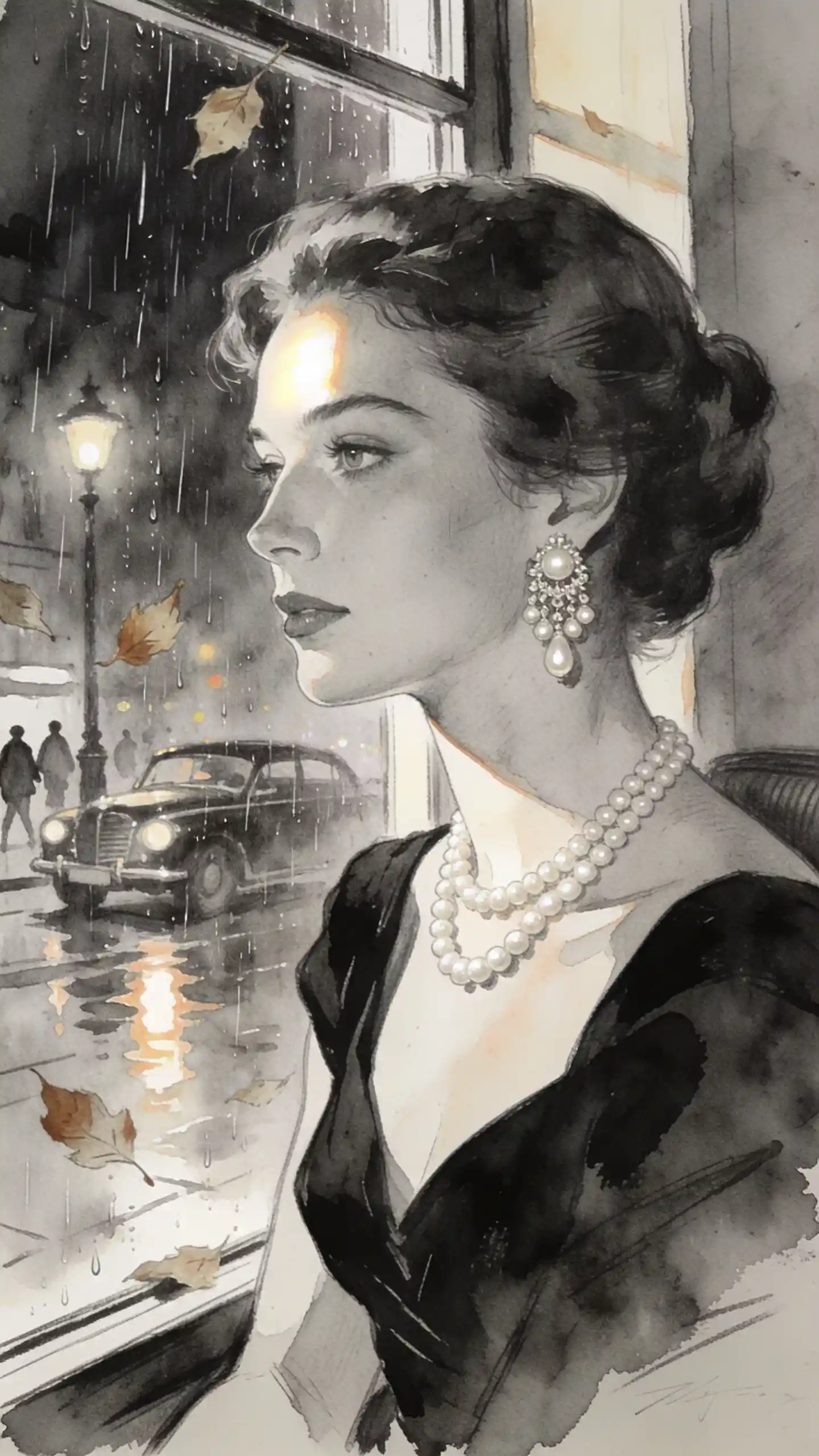 Elegant woman by a rainy window in watercolor painting