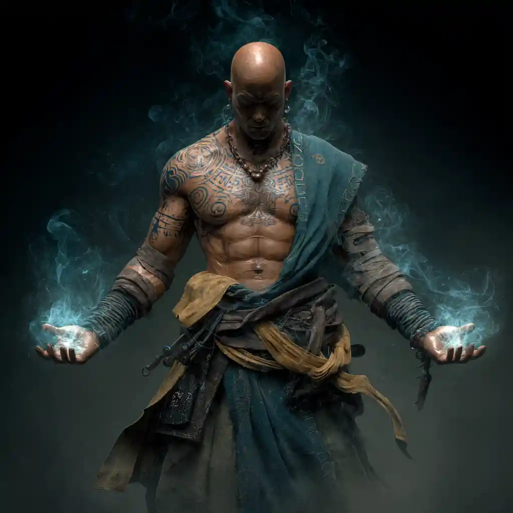 Stoic fantasy monk with glowing astral projection tattoos
