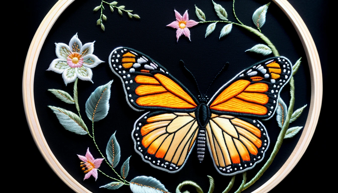 Glowing Embroidered Flower With Monarch Butterfly On Black