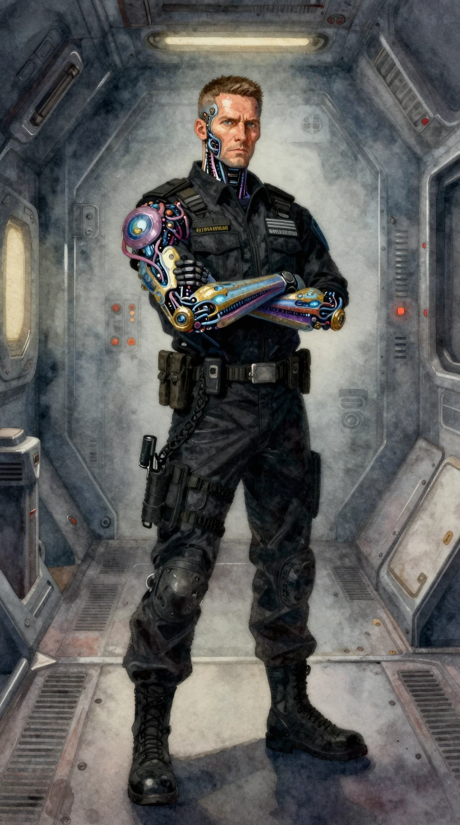 Cyborg security chief in a dark starship corridor