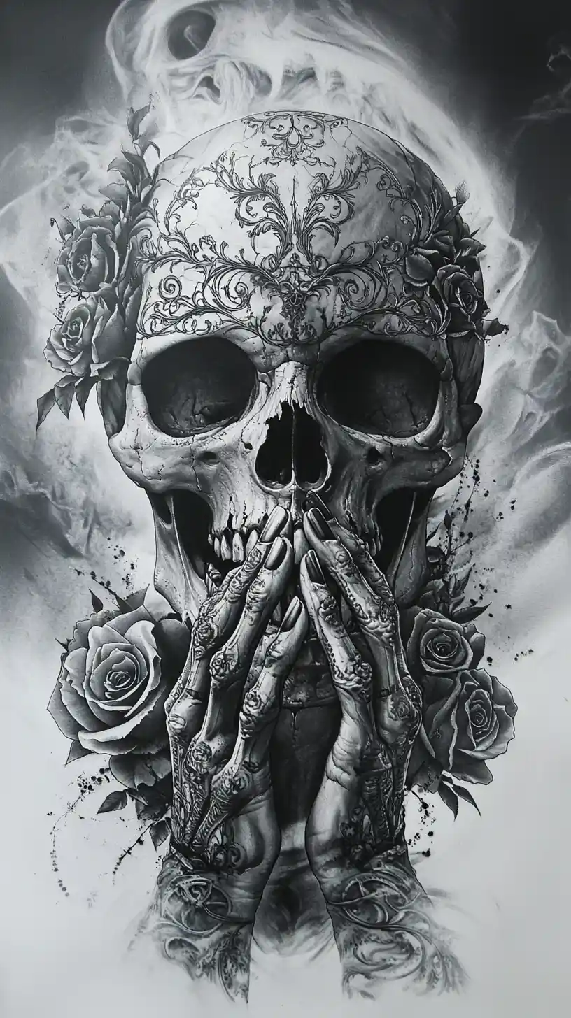 Gothic skull with clasped skeletal hands and blooming roses