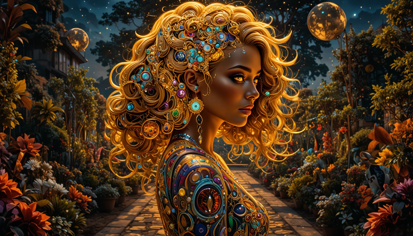 Surreal golden woman in neon cyberpunk graffiti scene