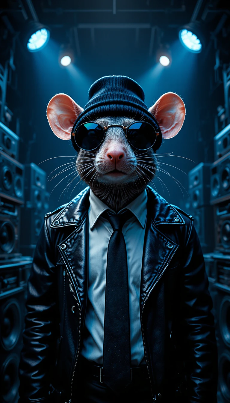 Anthropomorphe Ratte in Lederjacke in industrieller Umgebung