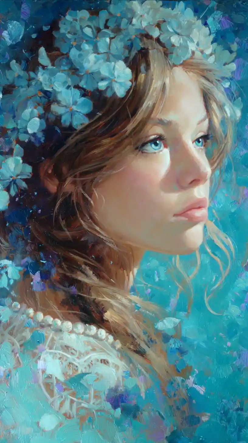 Dreamy portrait of a young woman with floral veil