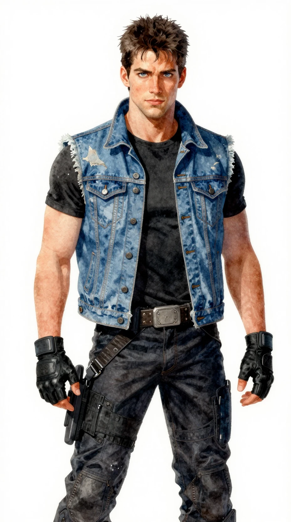 Confident sci fi hero in denim vest and combat gear