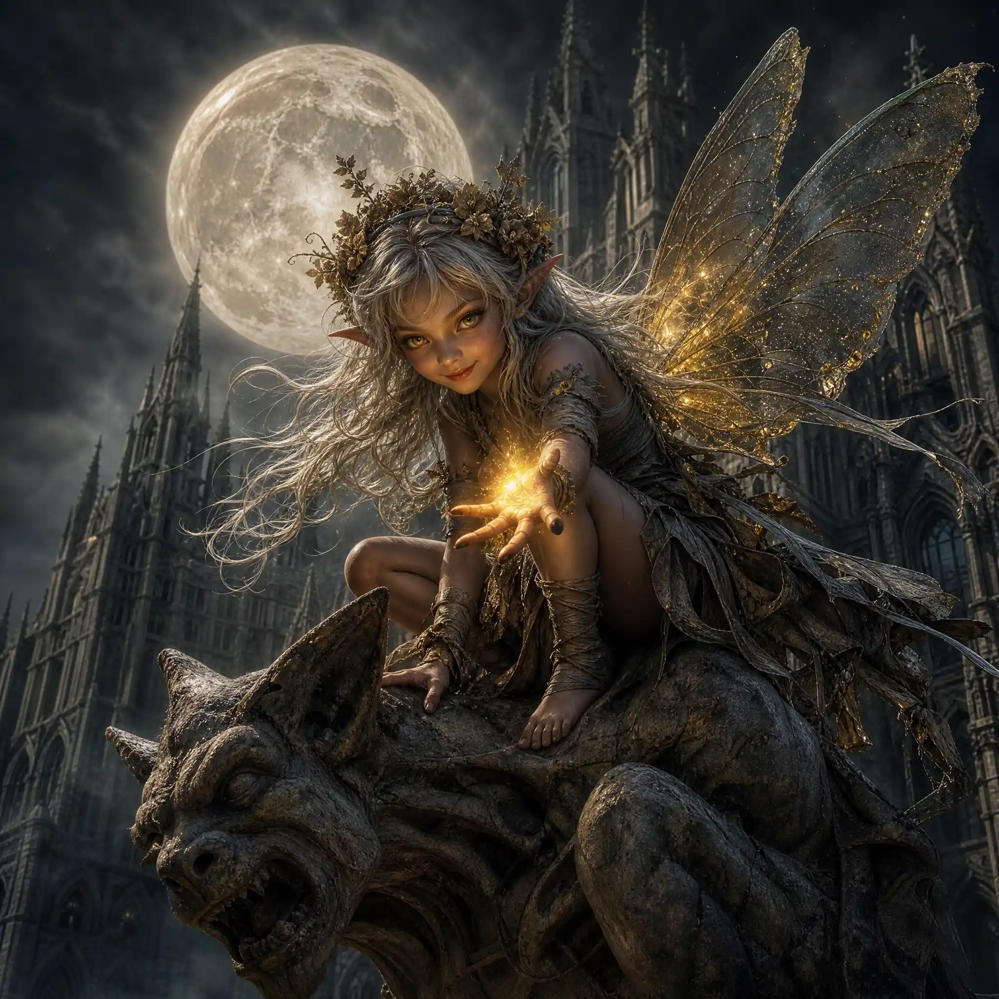 Mischievous fairy casting magic atop a stone gargoyle