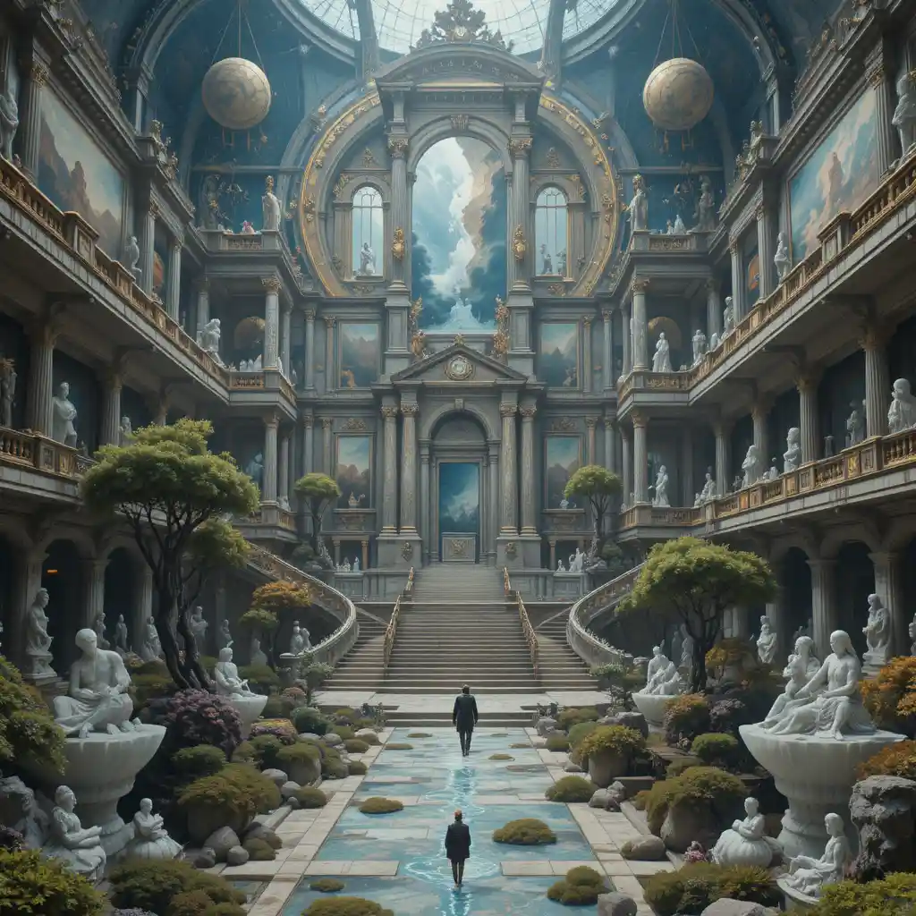Gigantic surreal museum floating above a dark cloud ocean