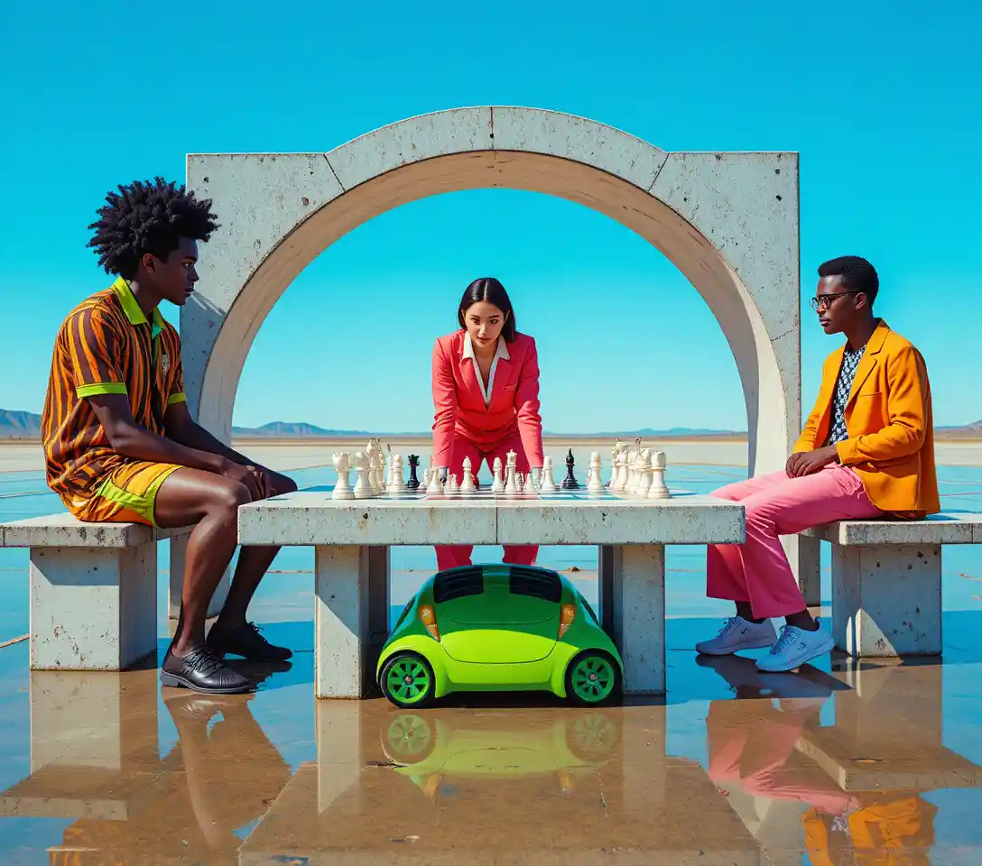 Young adults playing chess in a surreal open landscape