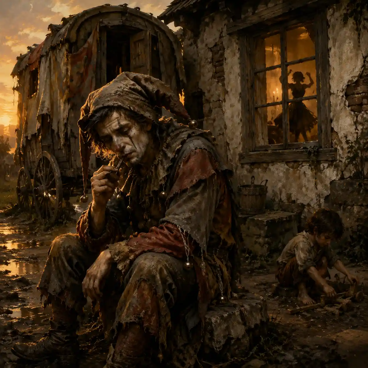 Melancholic jester resting beside a crumbling medieval cottage