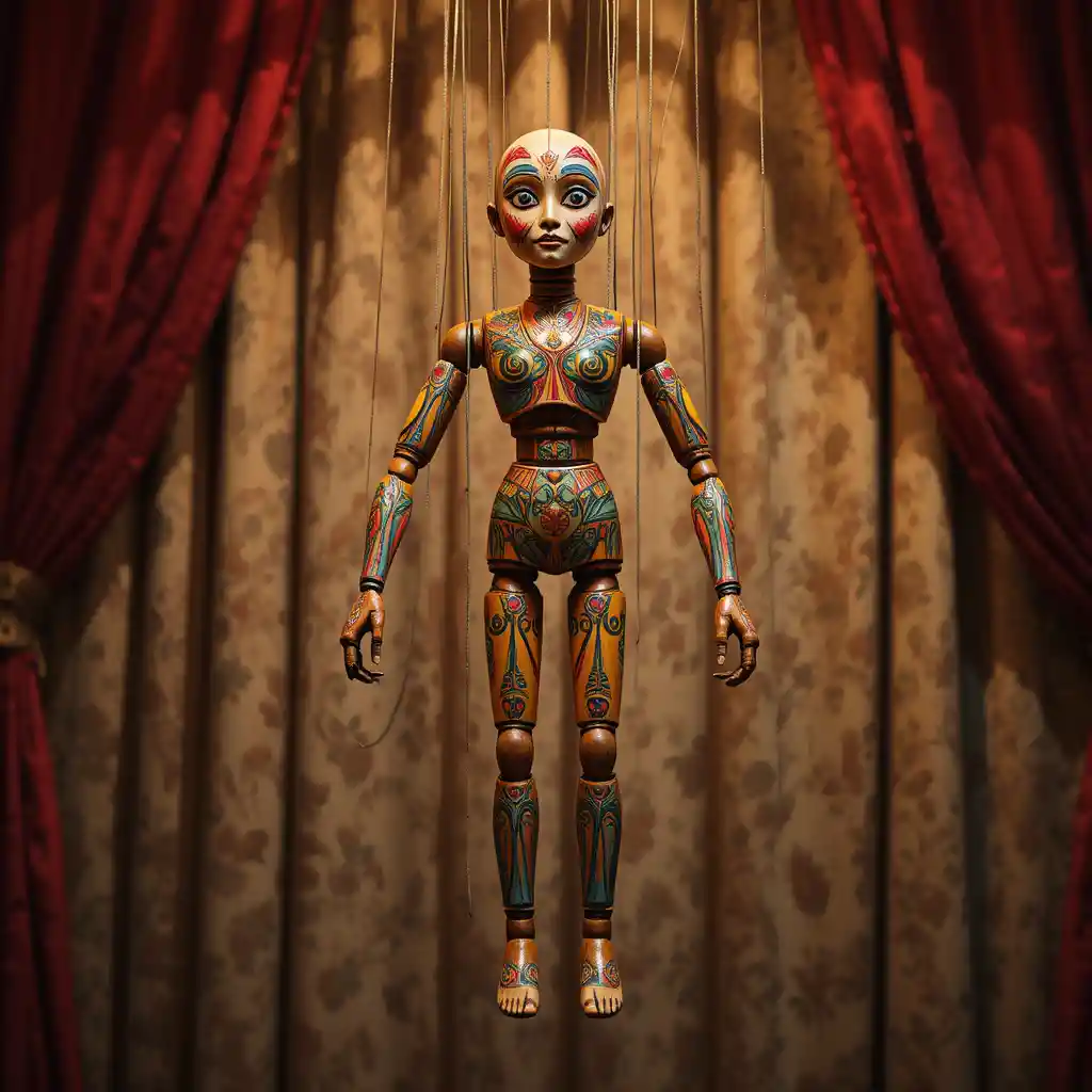 Colorful wooden marionette puppet on vintage theater stage
