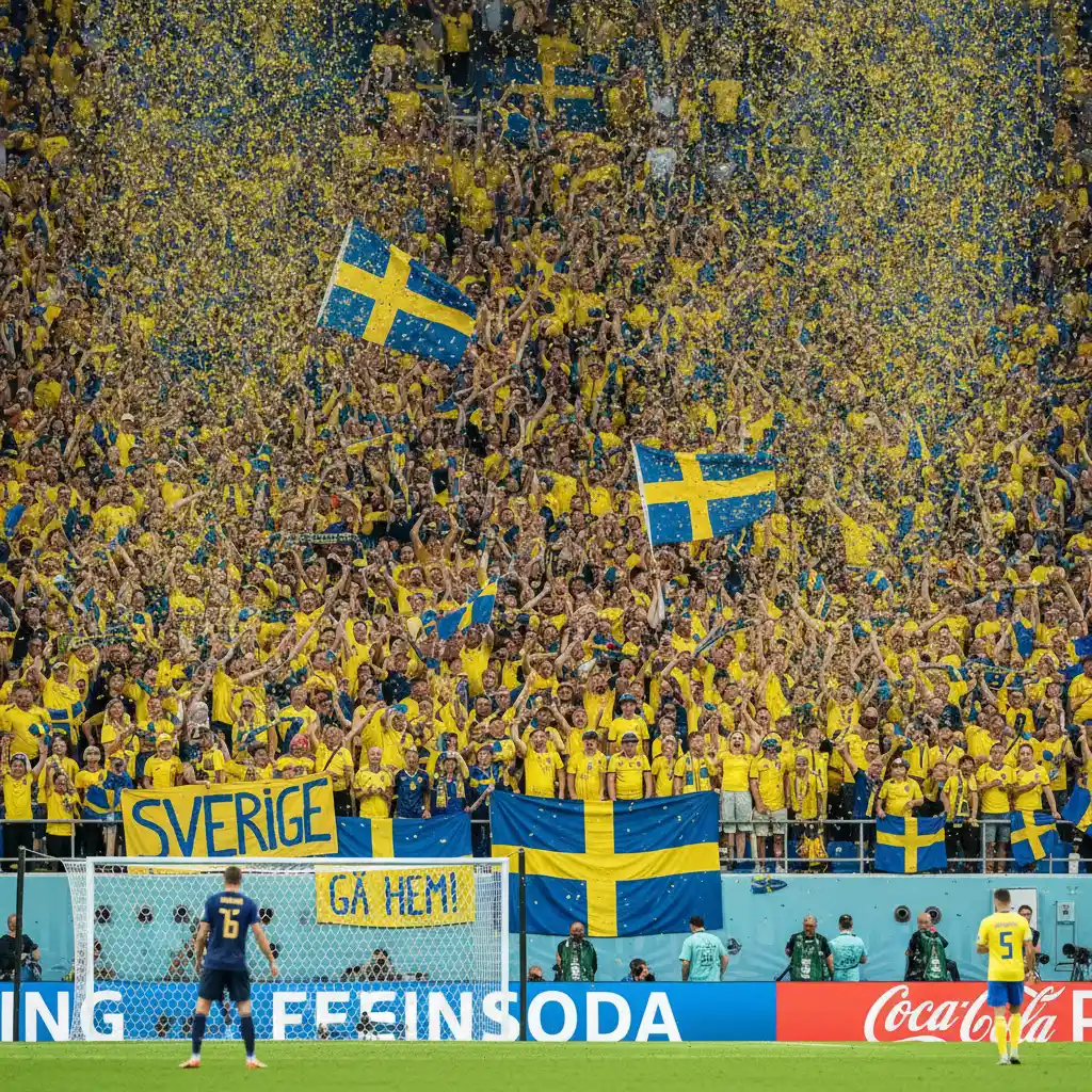 Swedish football fans celebrating in a packed world cup stadium