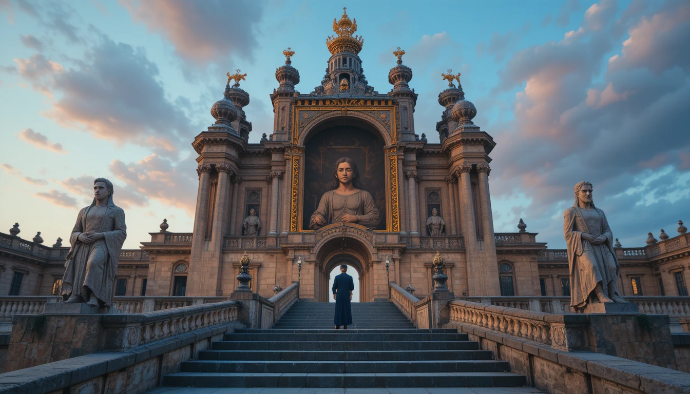 Despotic king surrounded by grand sculptures in his palace