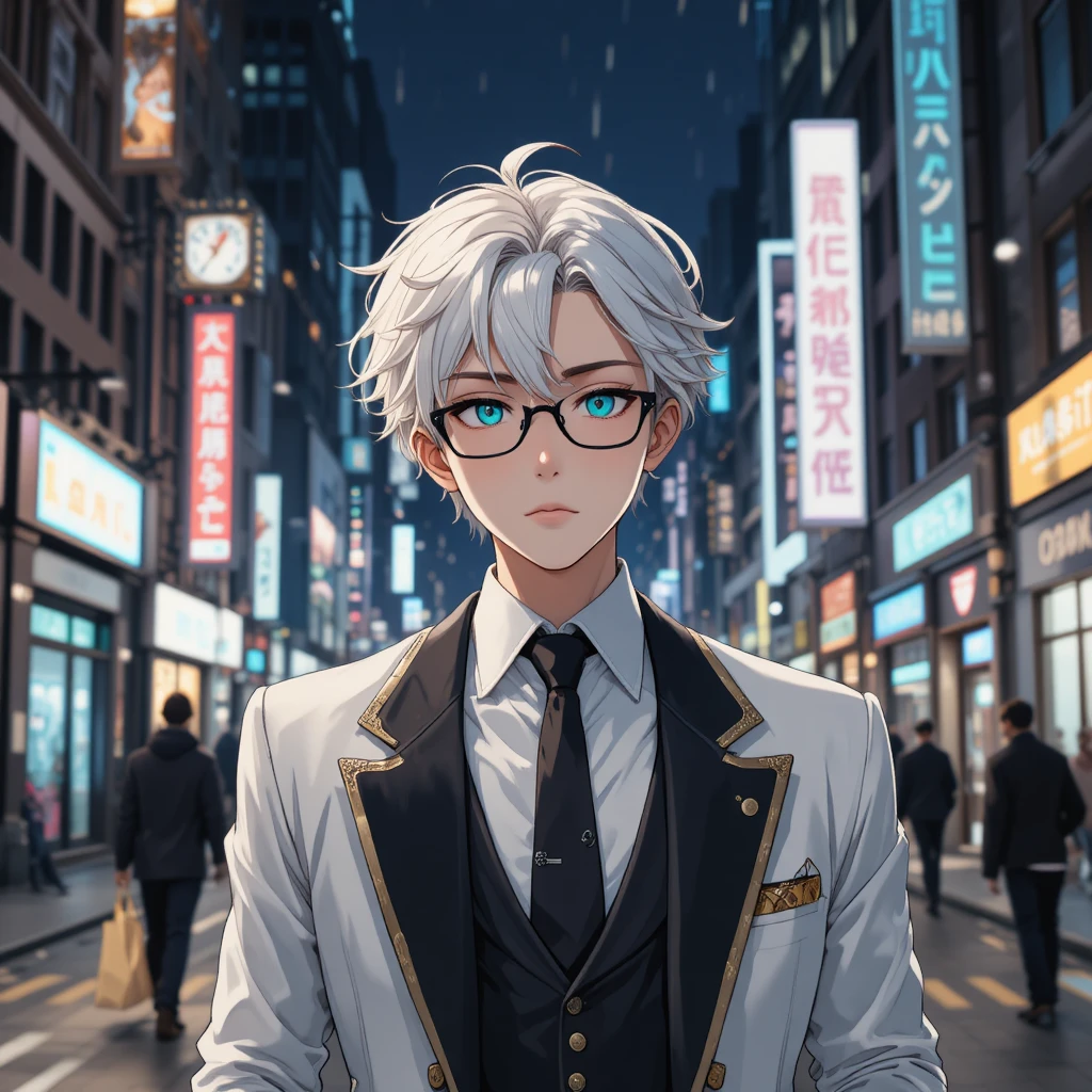 Anime boy walking through a city street at night
