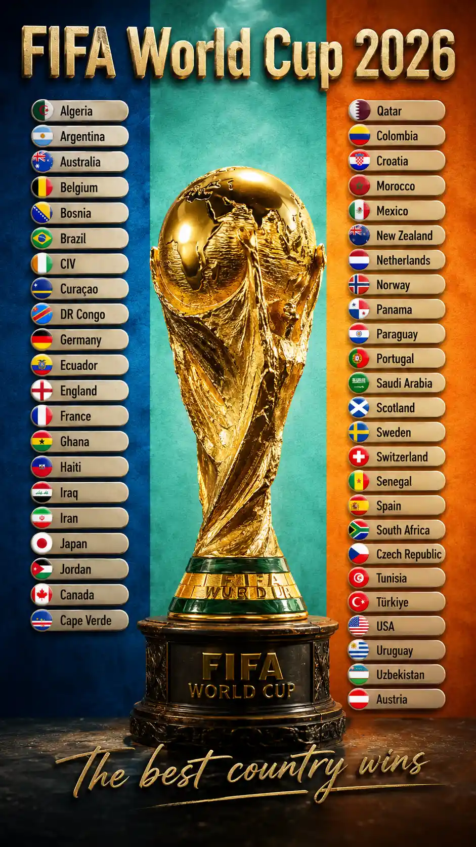 Cinematic gold world cup trophy on colorful textured background