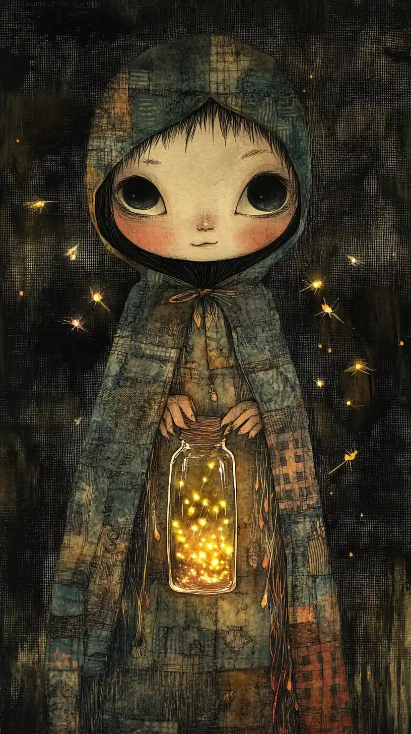 Child figure holding glowing firefly vial in patchwork cloak