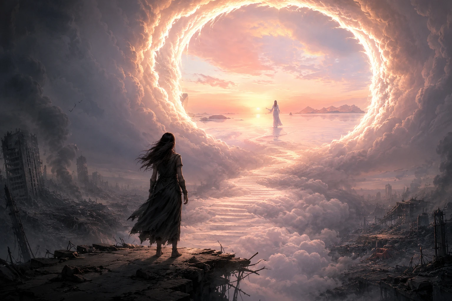 Woman on a precipice before a glowing sky portal