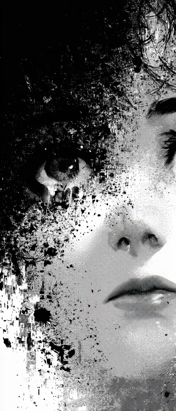 Crying anime girl face dissolving into dark ink static