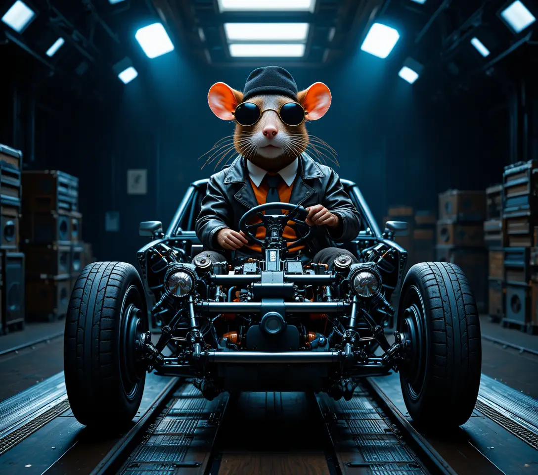 Anthropomorpher Ratte in Lederjacke in stimmungsvoller Industrieumgebung