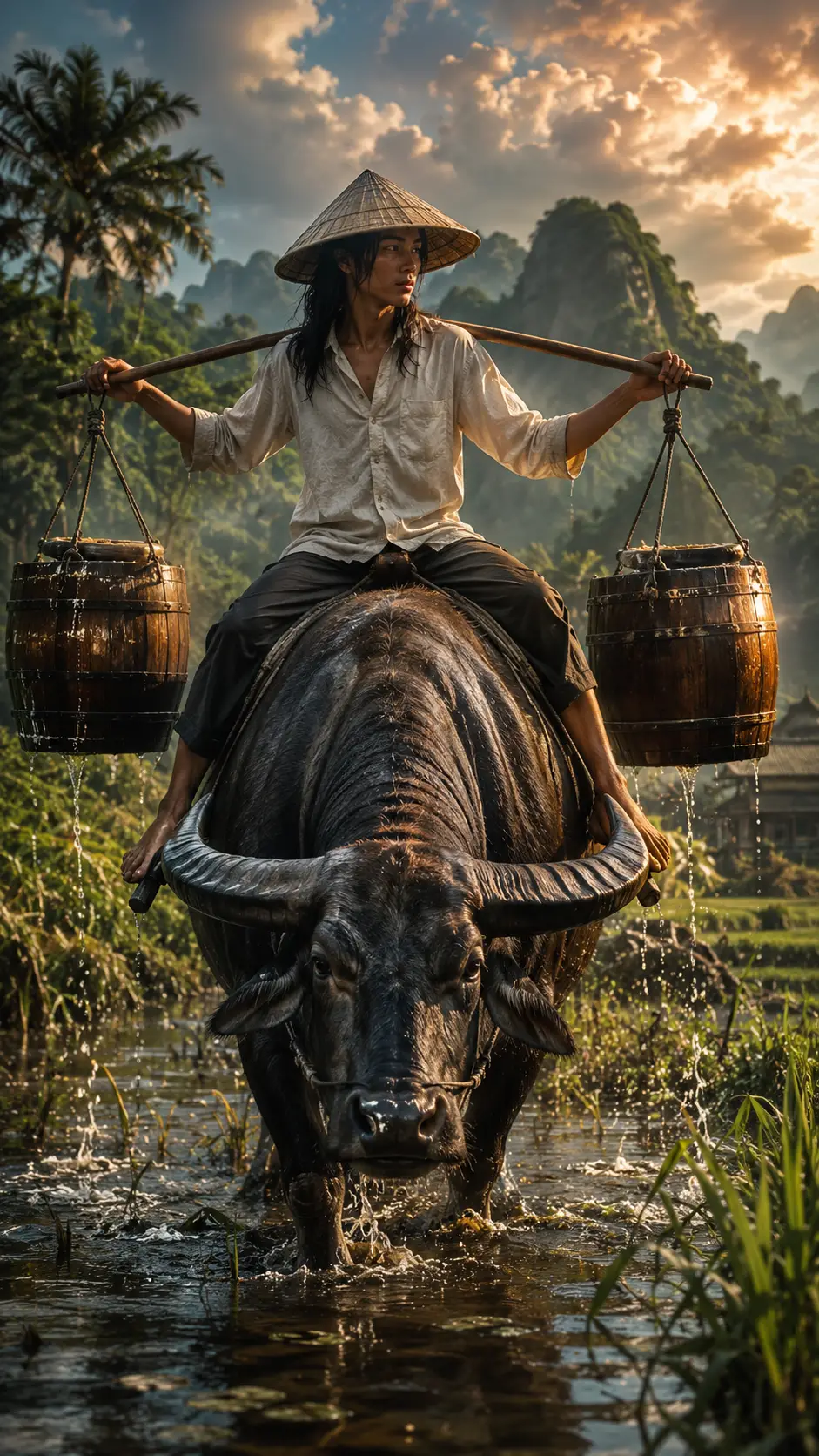 Teenager Riding Water Buffalo Through Marshy Fields At Dusk