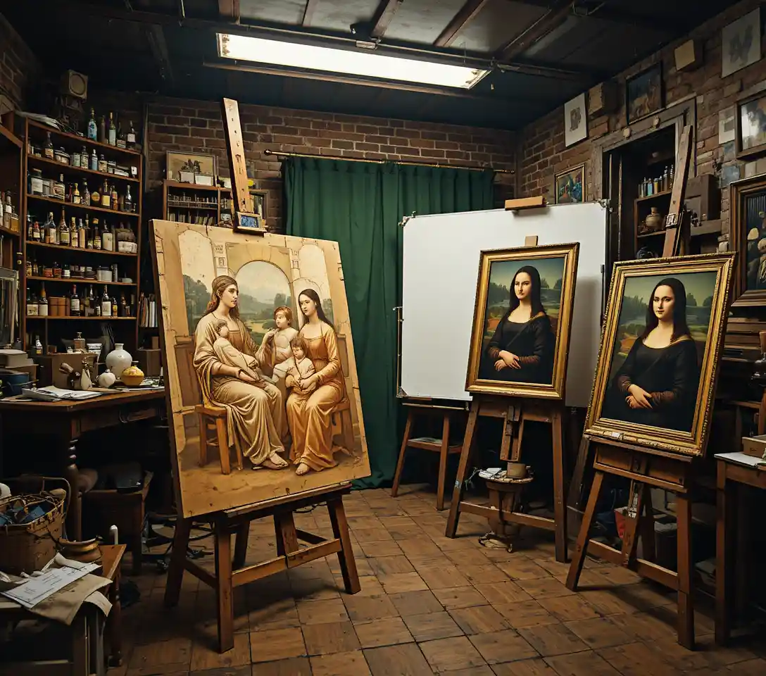 Renaissance inspired artist studio with unfinished figurative painting