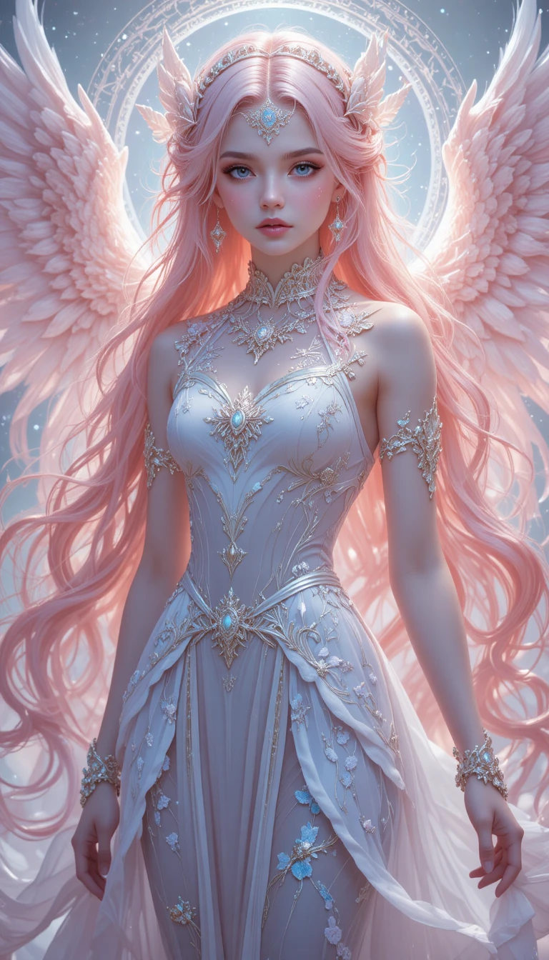 Young pink haired anime healer girl with glowing wings