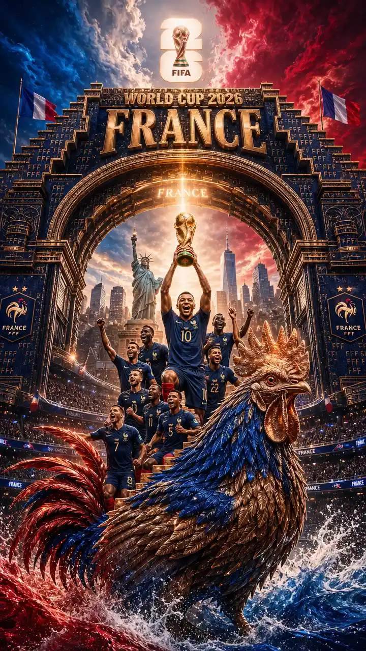 Triumphant French rooster carrying players above city stadium