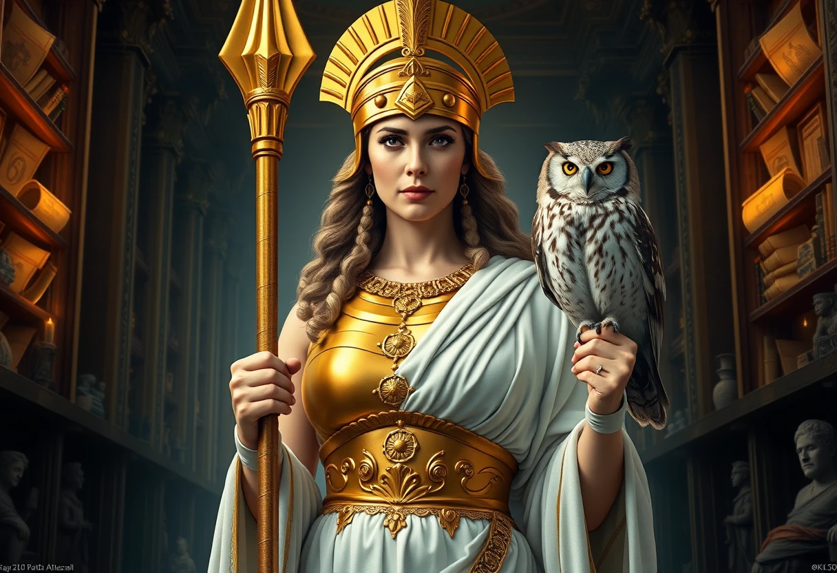 Goddess Athena in armor standing in an ancient library