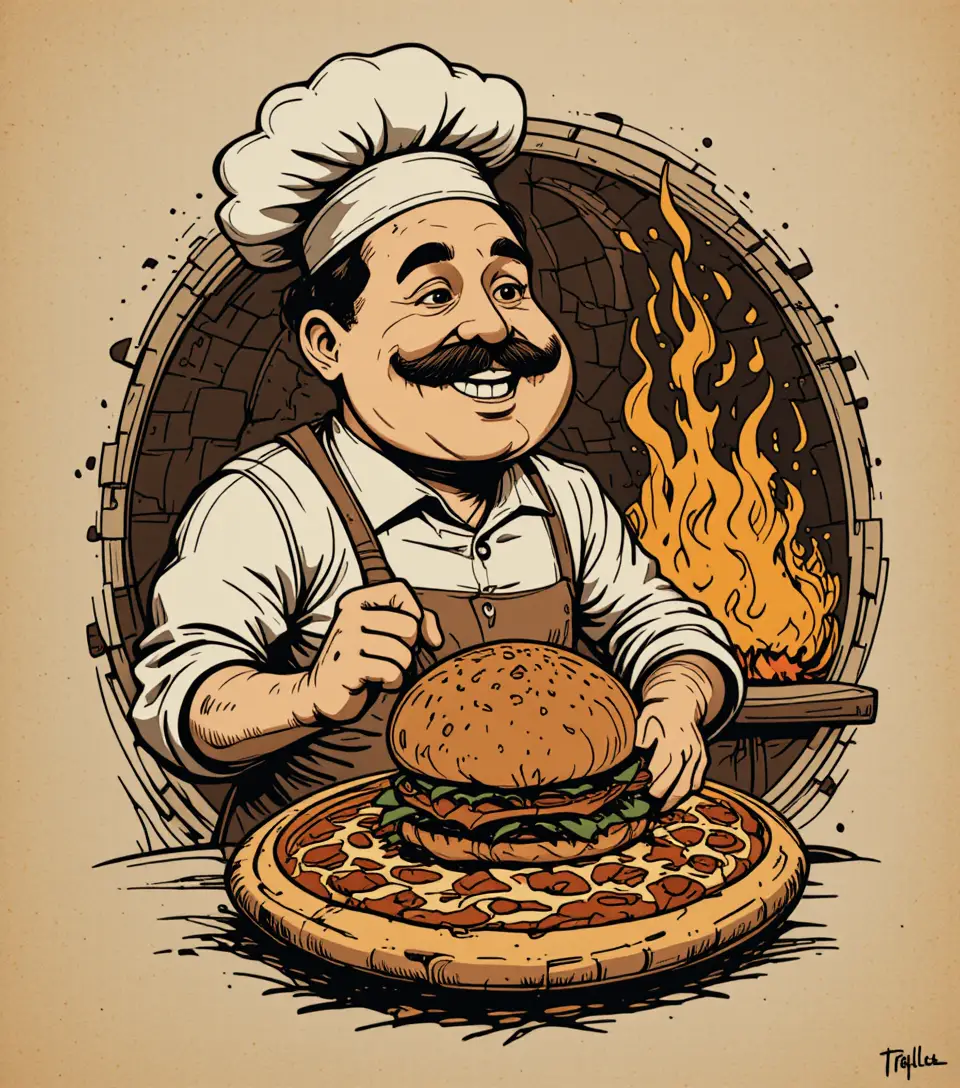 Fröhlicher Koch serviert Burger mit Pizzaschieber am Steinofen
