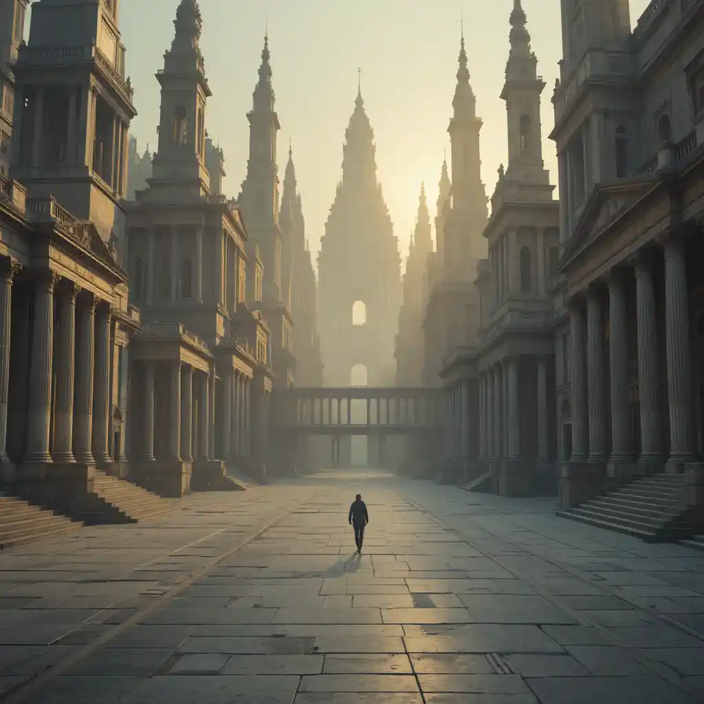 Surreal impossible city of merging eras at sunset