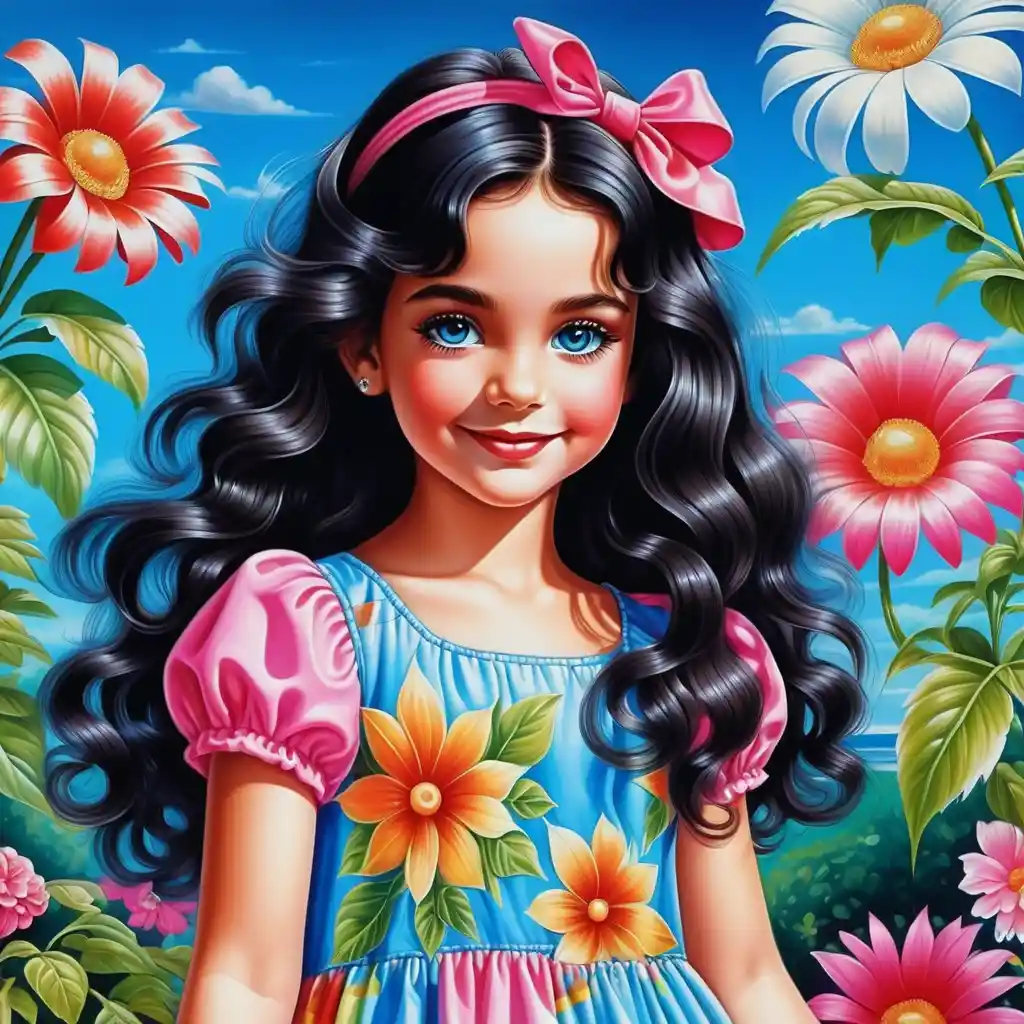 Smiling curly haired girl in pink floral summer dress