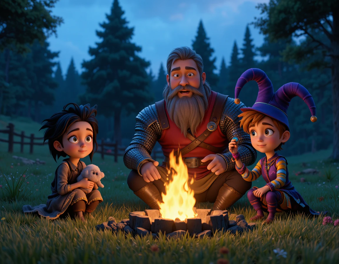 Three friends sharing a quiet campfire in a twilight meadow