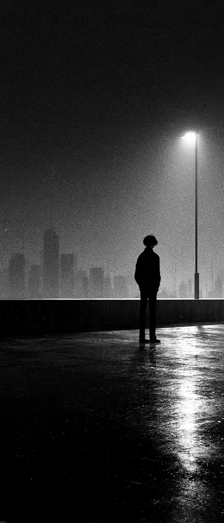 Lonely figure on rainy city bridge under harsh streetlight