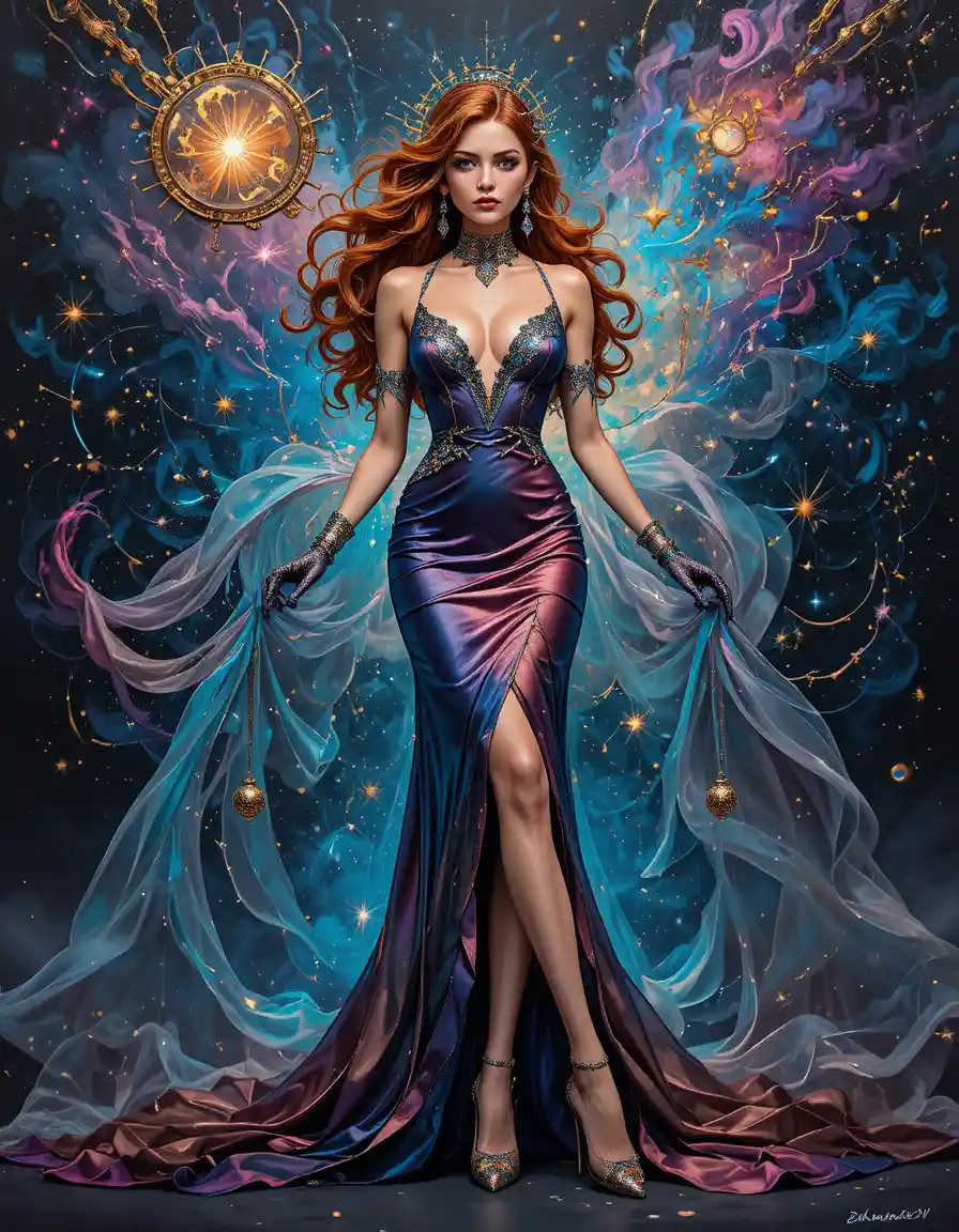 Redhead woman in silk dress and stiletto heels portrait