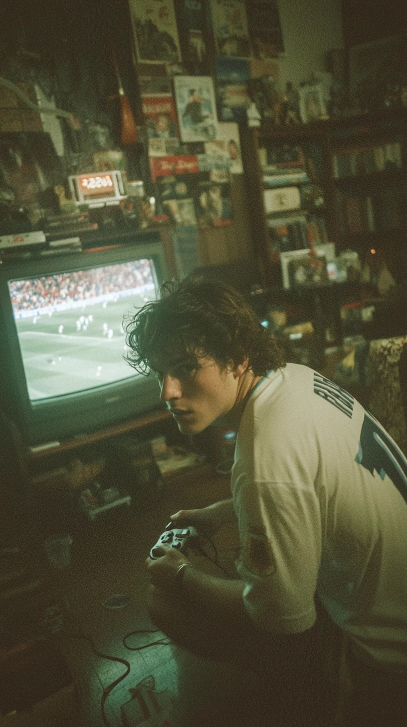 Hombre jugando en consola retro en dormitorio tenue con TV CRT