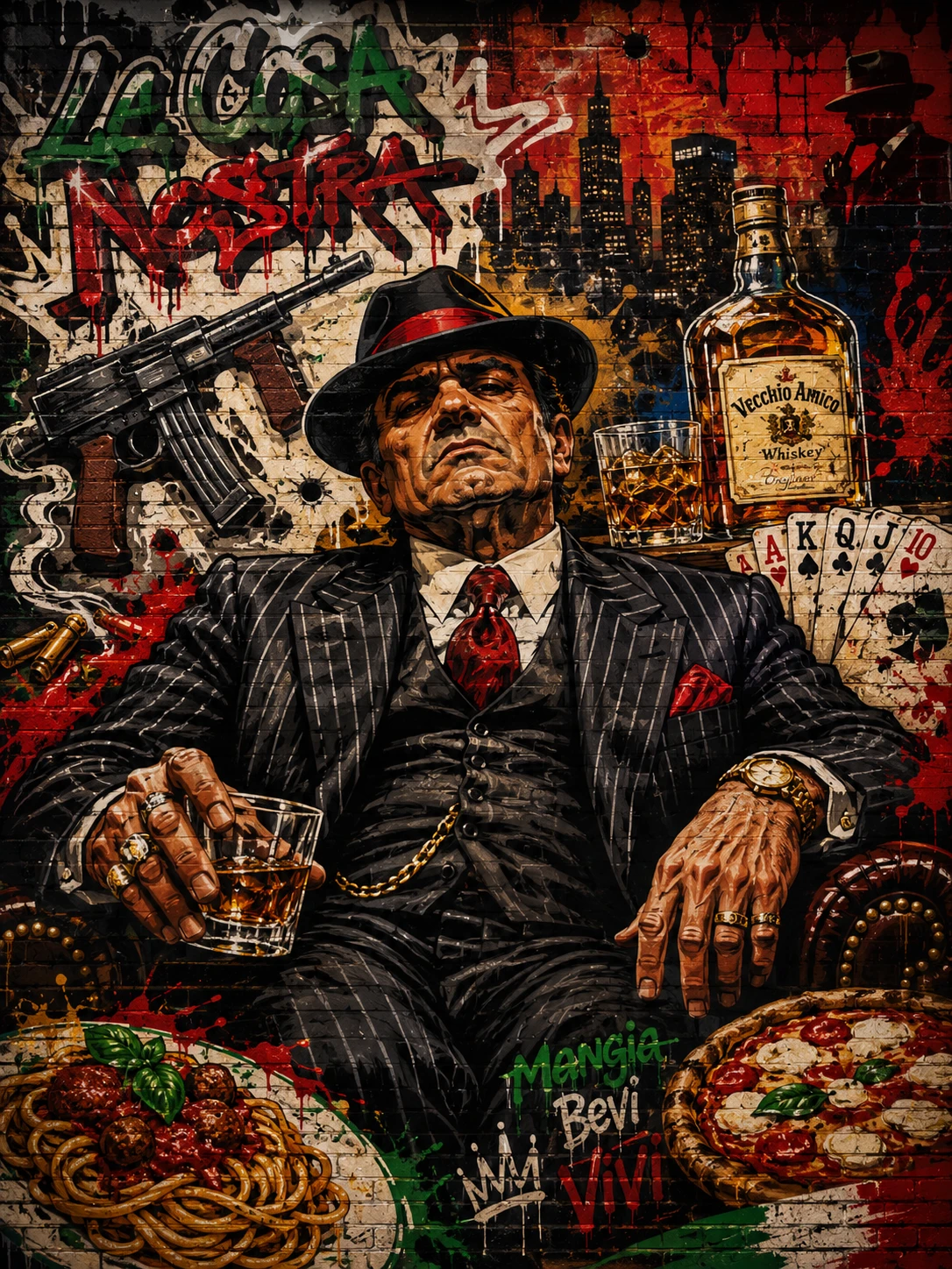 Menacing mafia boss mural on gritty graffiti brick wall