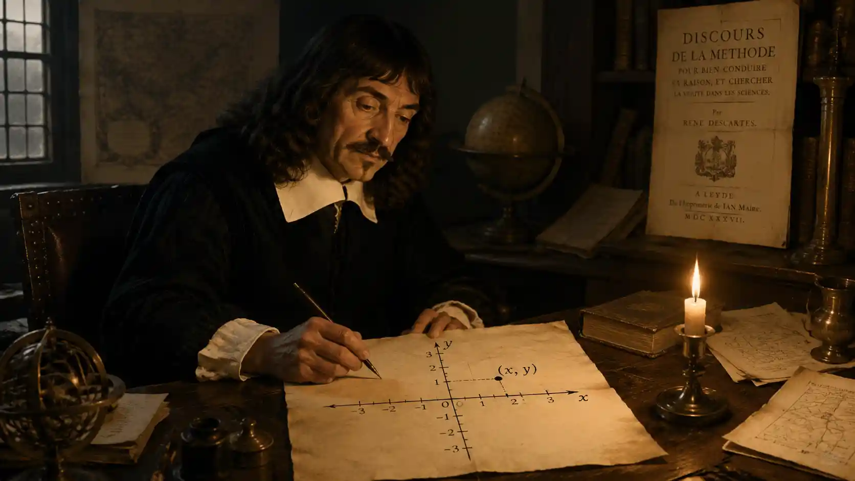 Philosopher Drawing Cartesian Coordinates In A Candlelit Study